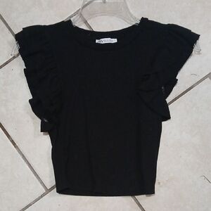 ZARA Womens Size S Black Knit Ruffle Sleeve Crop Top